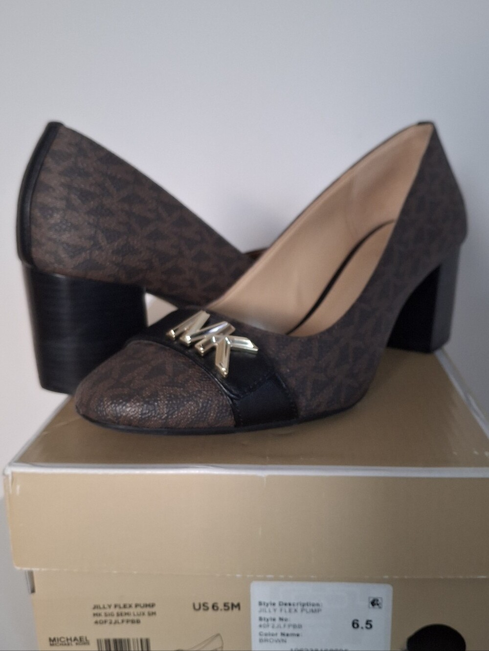 Michael Kors Jilly Flex Logo Print Block Heel Pumps Brown Black Gold Size 6.5M